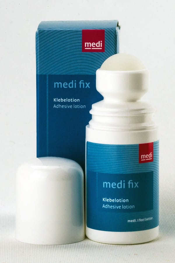 Medi Fix Medi Glue for keeping compression stockings up, gentle on skin and ideal for use after varicose vein treatment. Easy to apply and wash off without damaging stockings - Richard Evans Vascular