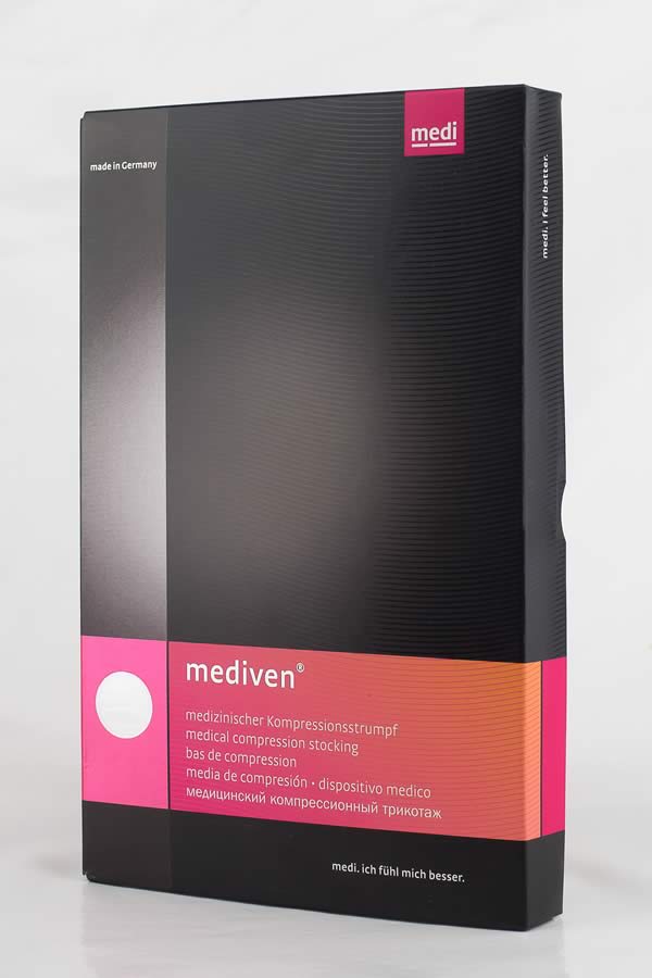 Mediven Plus compression stockings - durable, hard-wearing opaque design with Y heel for easy wear, ribbed sole for durability, and 5cm knee cuff for comfort - $115.00 inc GST at Richard Evans Vascular.