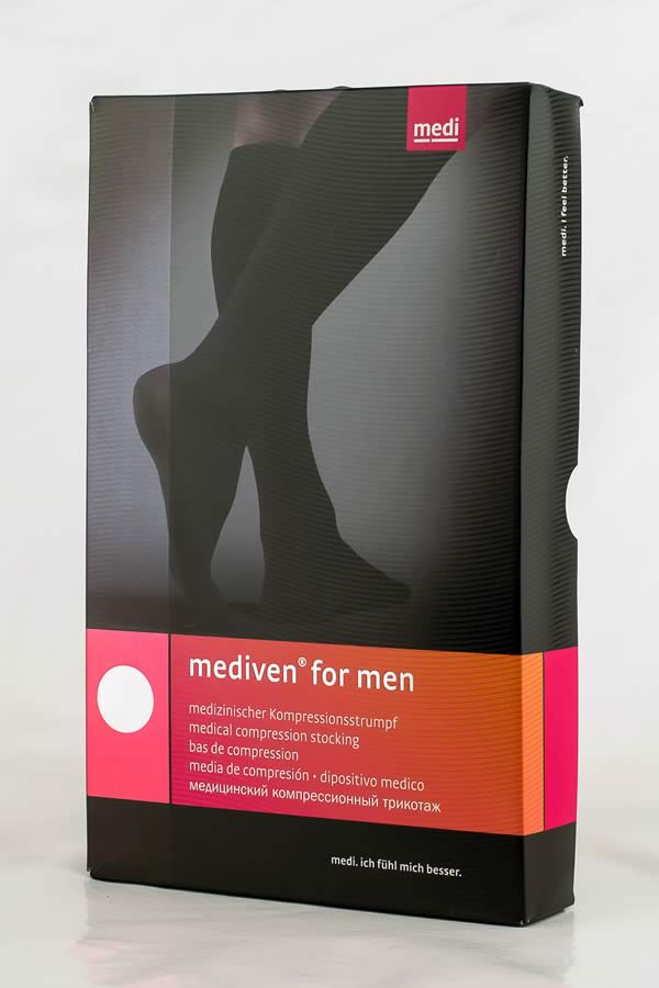 Mediven compression stockings for men - $115 inc GST, stylish business-style rib design with effective compression, available at Richard Evans Vascular.